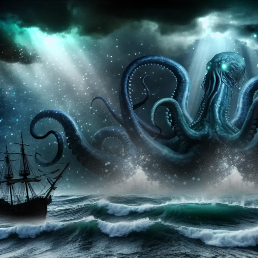 Mityczny kraken wynurzający się z głębin