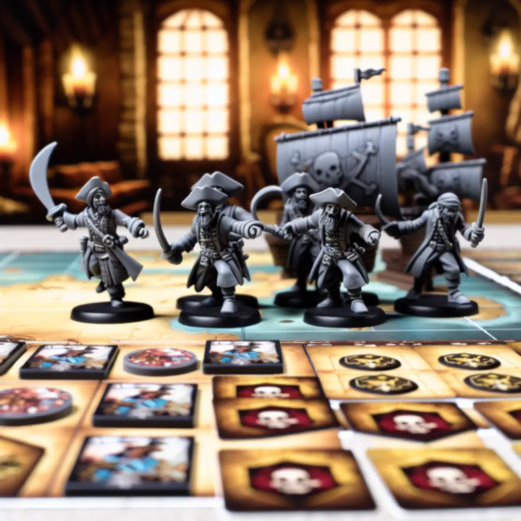 Zbliżenie komponentów Pirate PL Game: figurki, kafle mapy i żetony