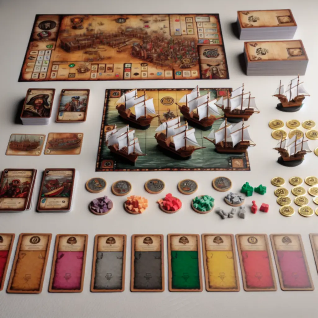 Komponenty Pirate PL Game rozłożone na stole: plansza, karty, żetony i figurki okrętów