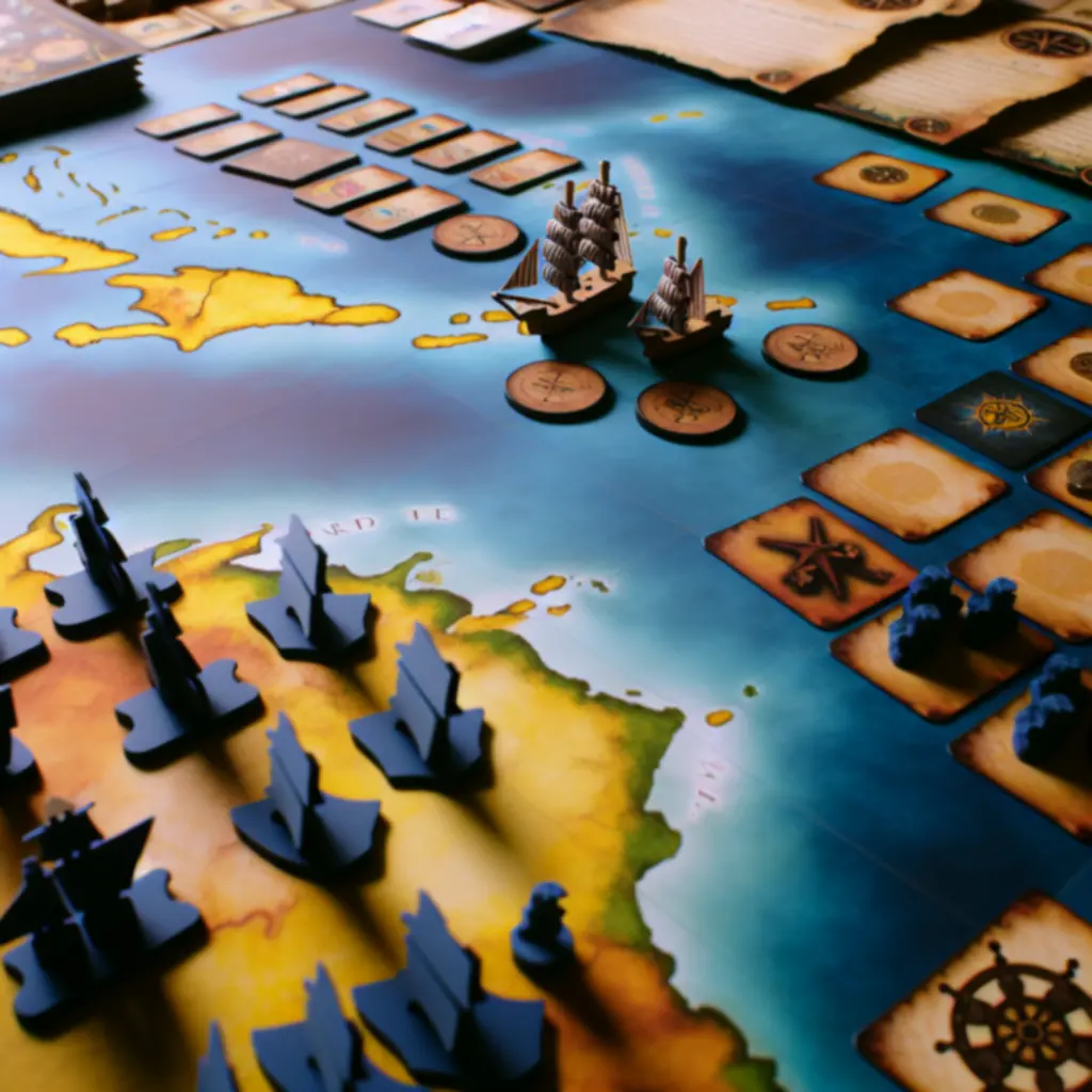 Mapa Karaibów i rozłożone elementy Pirate PL Game