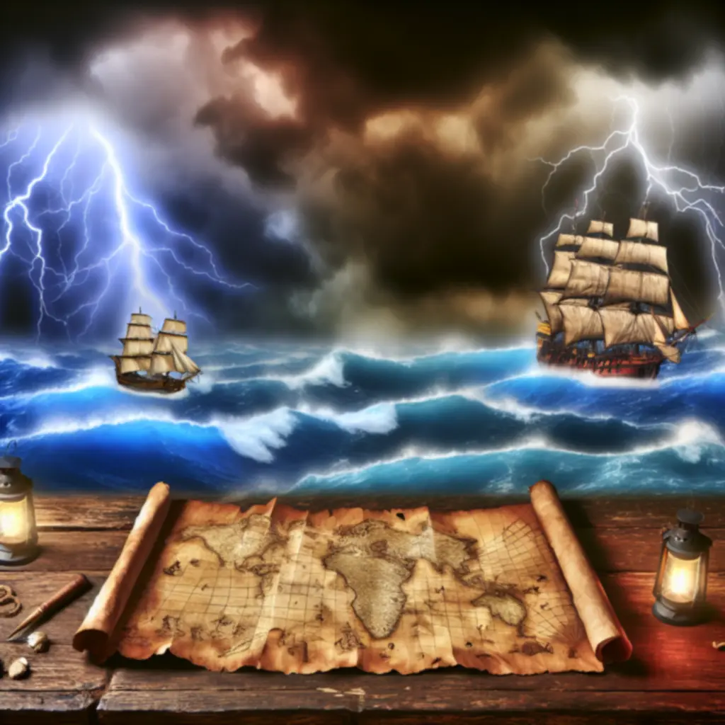 Mapa skarbów i statki na tle morskiej burzy – klimat Pirate PL Game