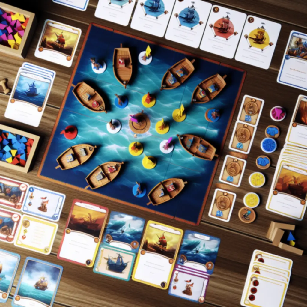 Plansza i pionki podczas rozgrywki Pirate PL Game, z kartami akcji i żetonami zasobów
