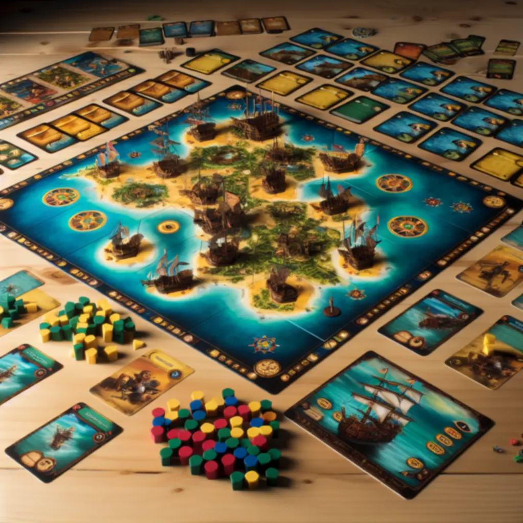 Rozłożona na stole gra Pirate PL Game: plansza Karaibów, karty i pionki piratów