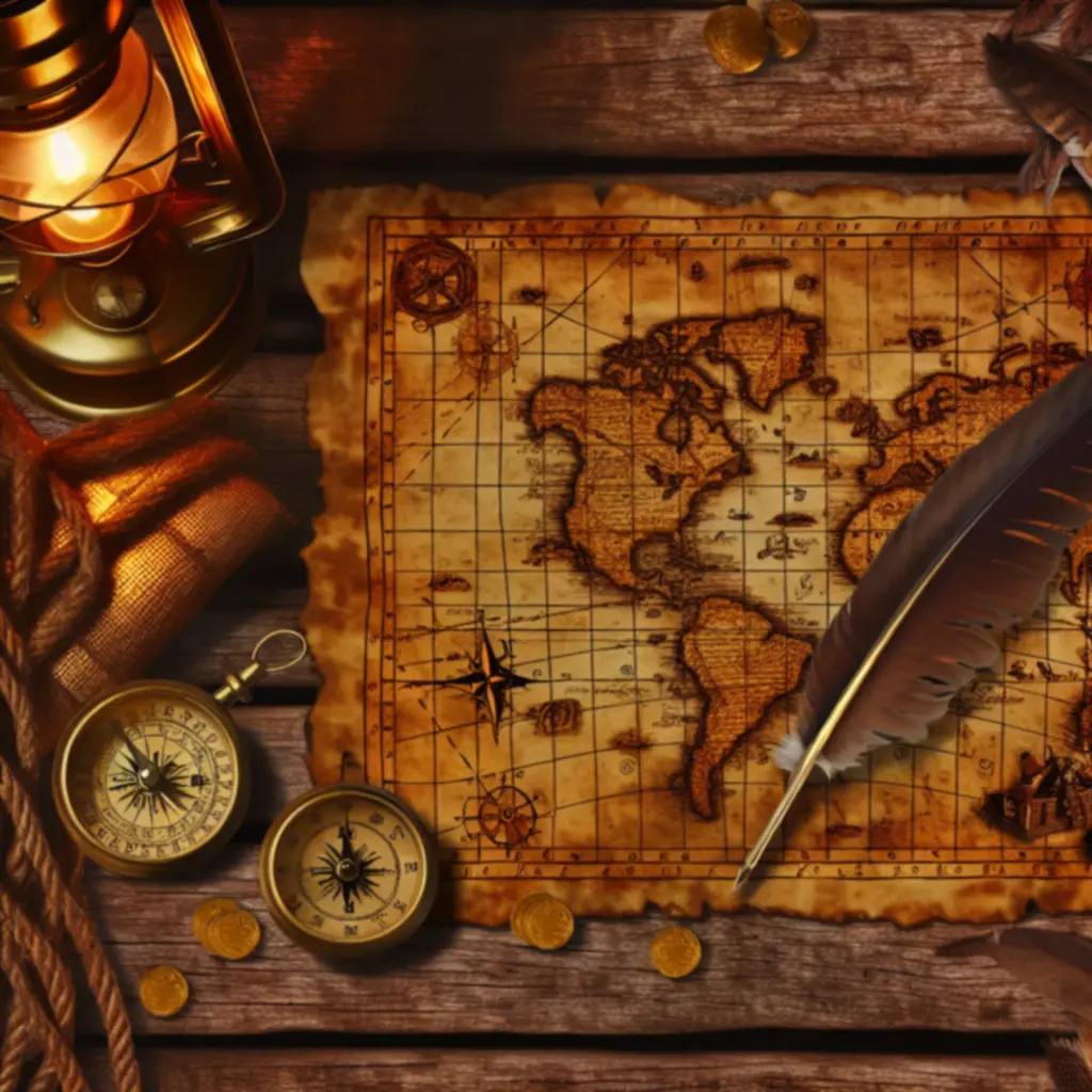 Nastrojowa scena karaibska z mapą skarbów i kompasem – klimat Pirate PL Game