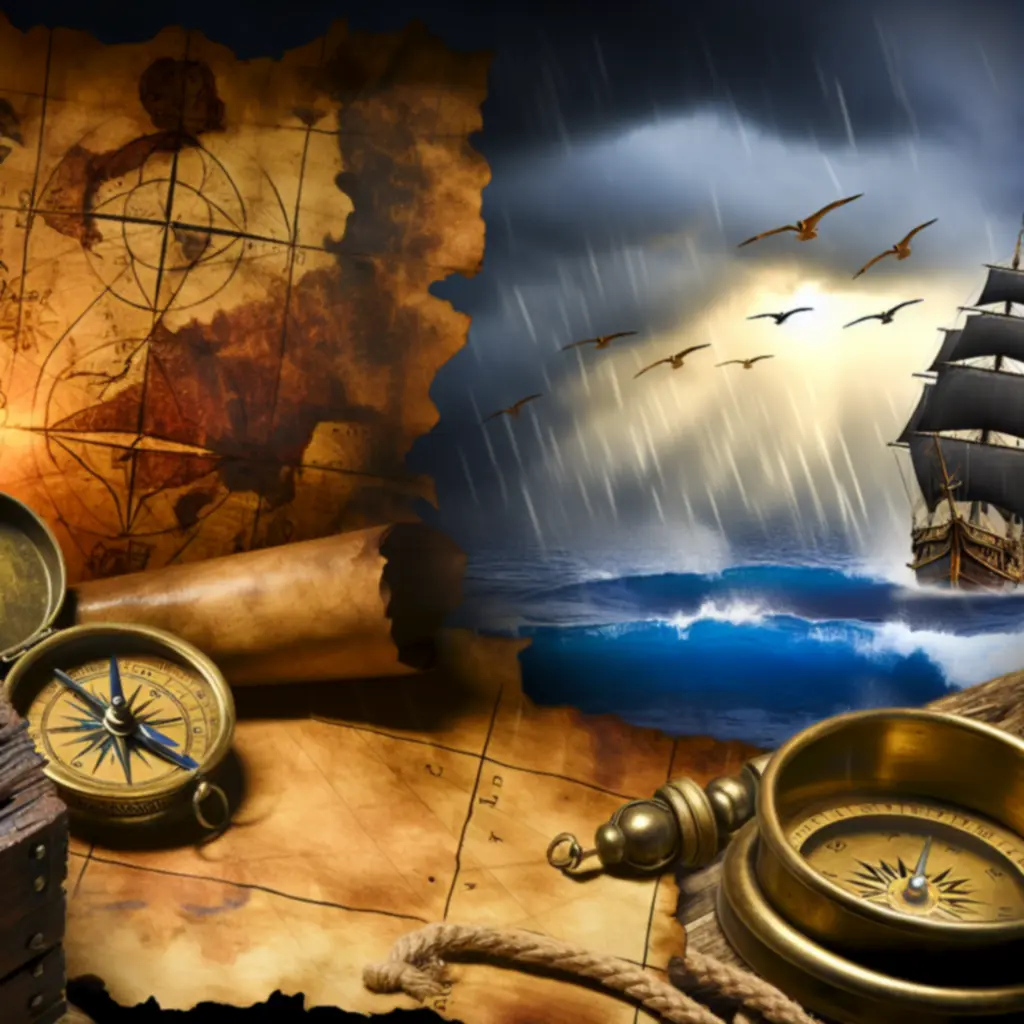Kinowa kompozycja: mapa skarbów, kompas i okręt na wzburzonym morzu – oprawa multimedialna Pirate PL Game